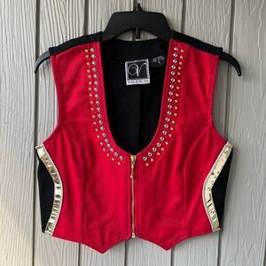 VTG Studded Red Zip Vest Fitted Cotton Twill Valencia Y2K Clubwear Festival Top